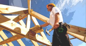 drevený krov a pracovník na streche